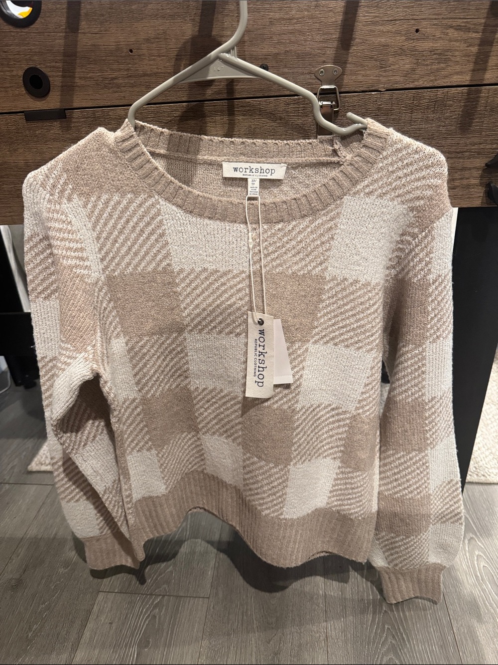 Workshop Republic Clothing Beige and Cream Plaid Crewneck Sweater